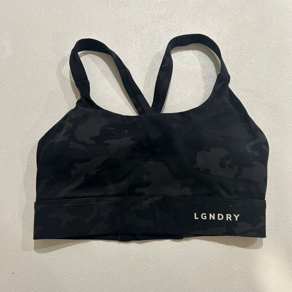 LGNDRY Black Camo Sports Bra XS • Criss Cross Back Athletic Bra